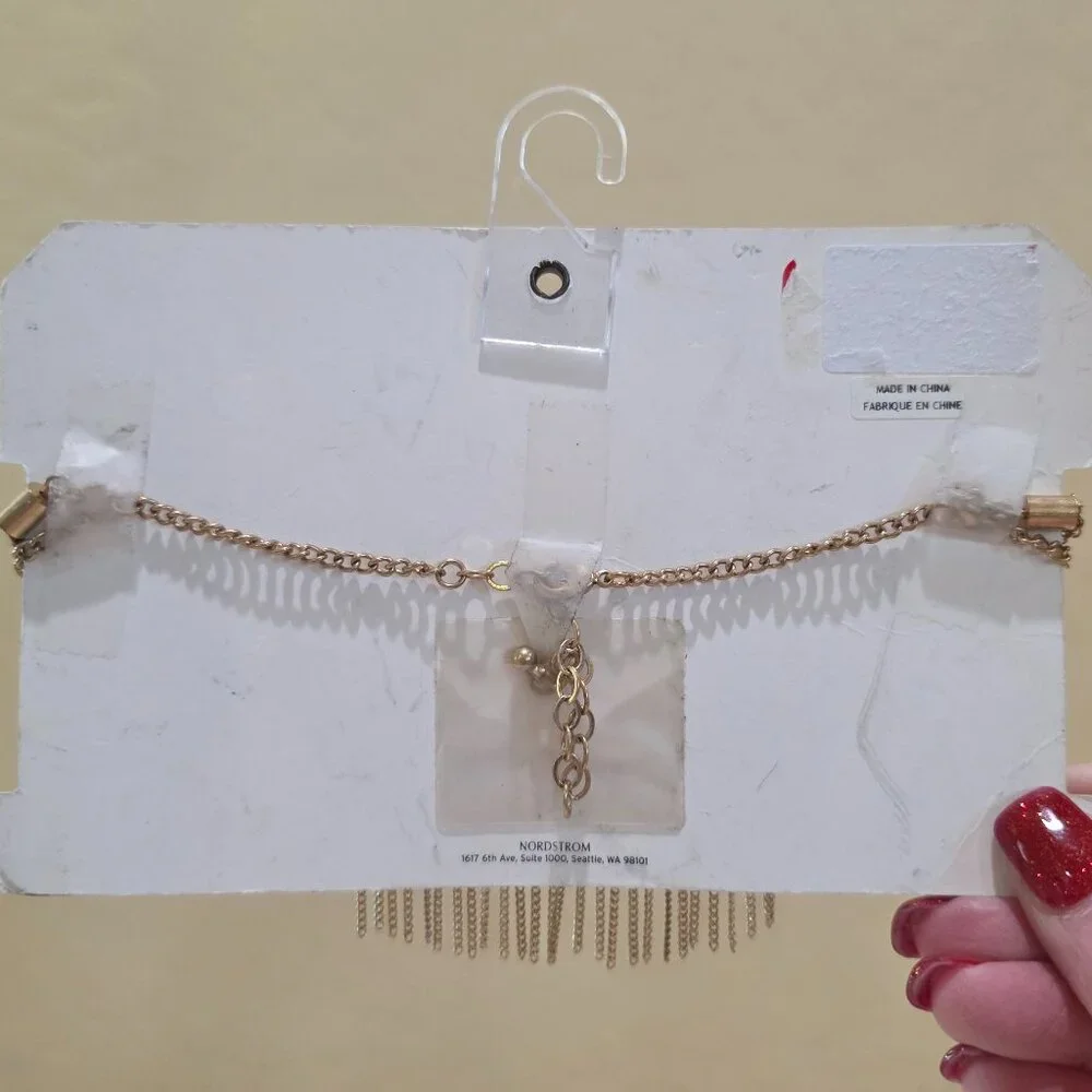 NWT Nordstrom Tribal Boho Festival Gold Chain Leather Choker Fringe Necklace